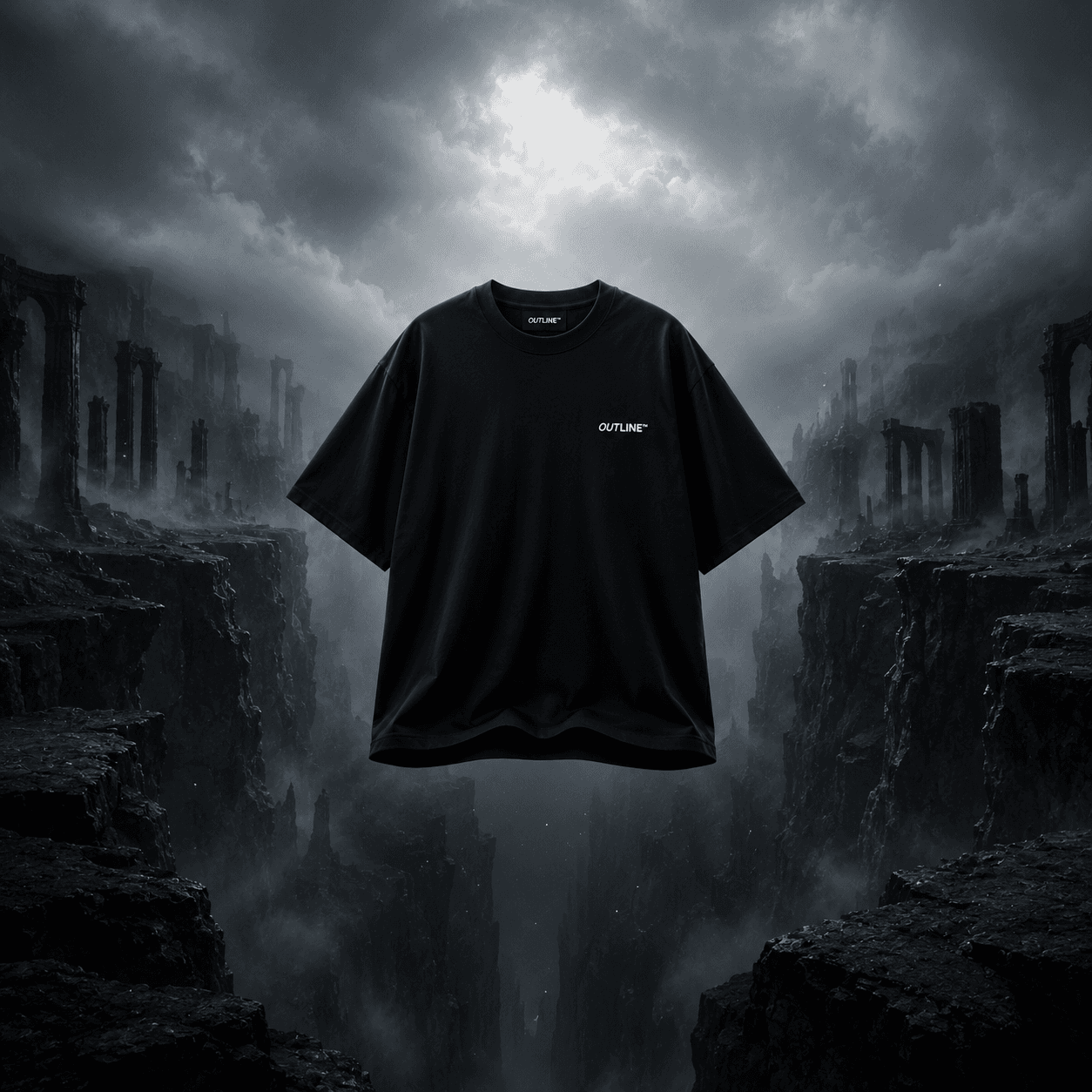 OUTLINE black tee suspended above ruins in the abyss